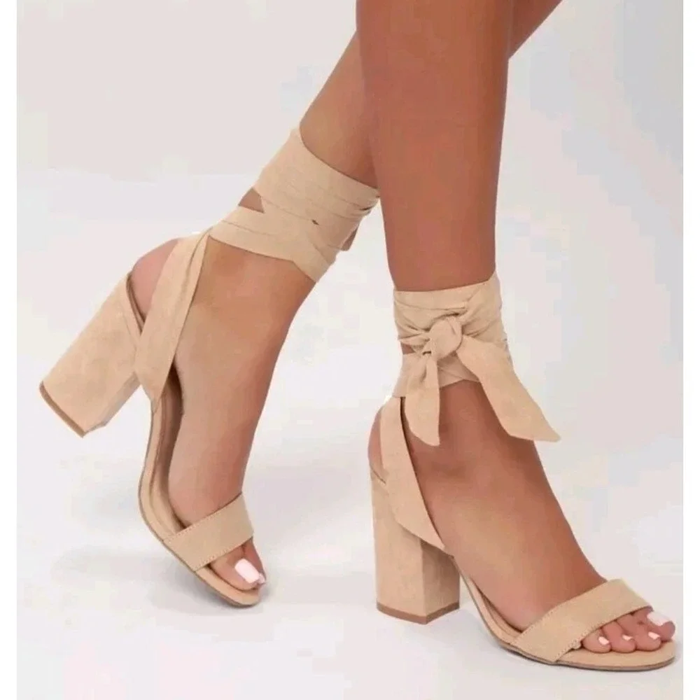 Lulus Alta Light Nude Faux Suede Lace-Up Heels Sz 7.5 Chic Flirty Party Feminine